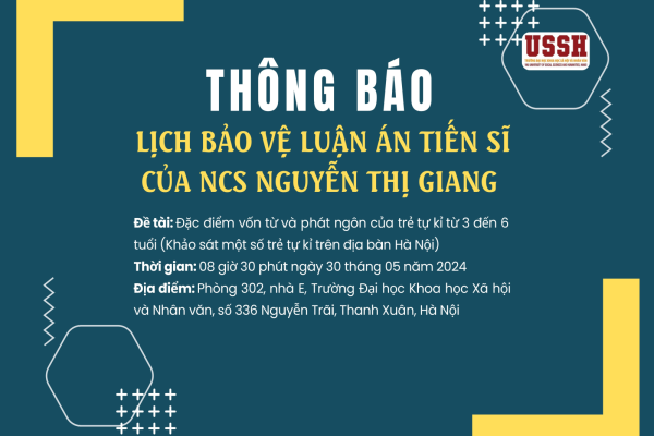 Thông báo lịch tổ chức bảo vệ luận án tiến sĩ cho nghiên cứu sinh: Nguyễn Thị Giang