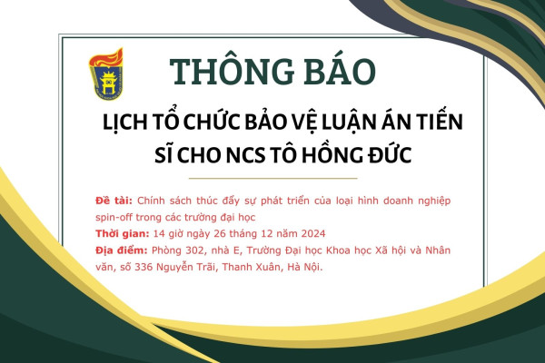 Thông báo lịch tổ chức bảo vệ luận án tiến sĩ cho nghiên cứu sinh: Tô Hồng Đức