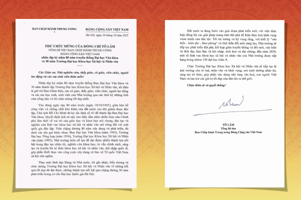 Thư chúc mừng của đồng chí Tô Lâm gửi Trường Đại học Khoa học Xã hội và Nhân văn, ĐHQGHN