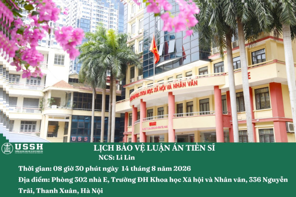 Thông báo lịch bảo vệ luận án tiến sĩ của NCS Li Lin (Lý Lâm)