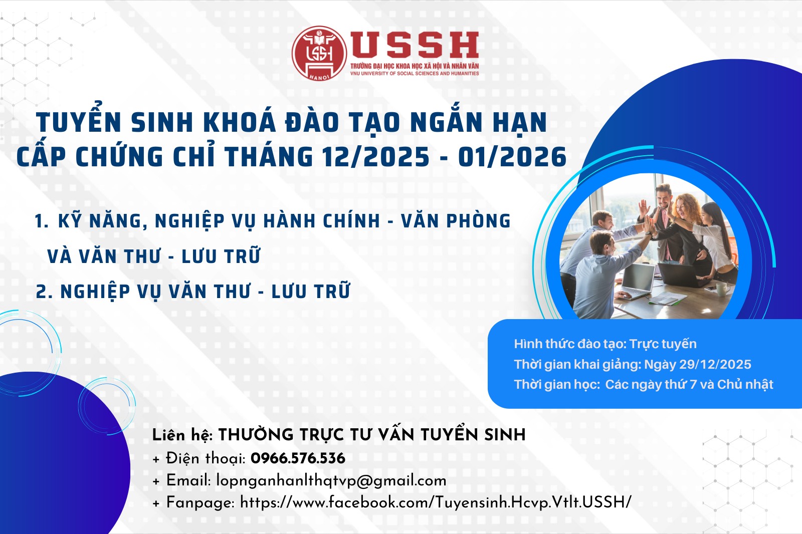 Thông báo Kế hoạch tuyển sinh khoá đào tạo cấp chứng chỉ: “Kỹ năng, nghiệp vụ hành chính - văn phòng và văn thư - lưu trữ” và khoá “Nghiệp vụ văn thư - lưu trữ” tháng 12/2025 – 01/2026