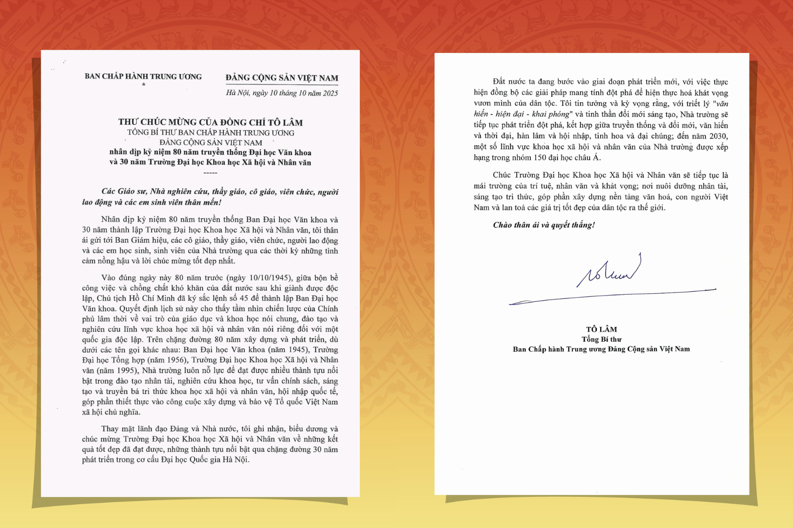 Thư chúc mừng của đồng chí Tô Lâm gửi Trường Đại học Khoa học Xã hội và Nhân văn, ĐHQGHN